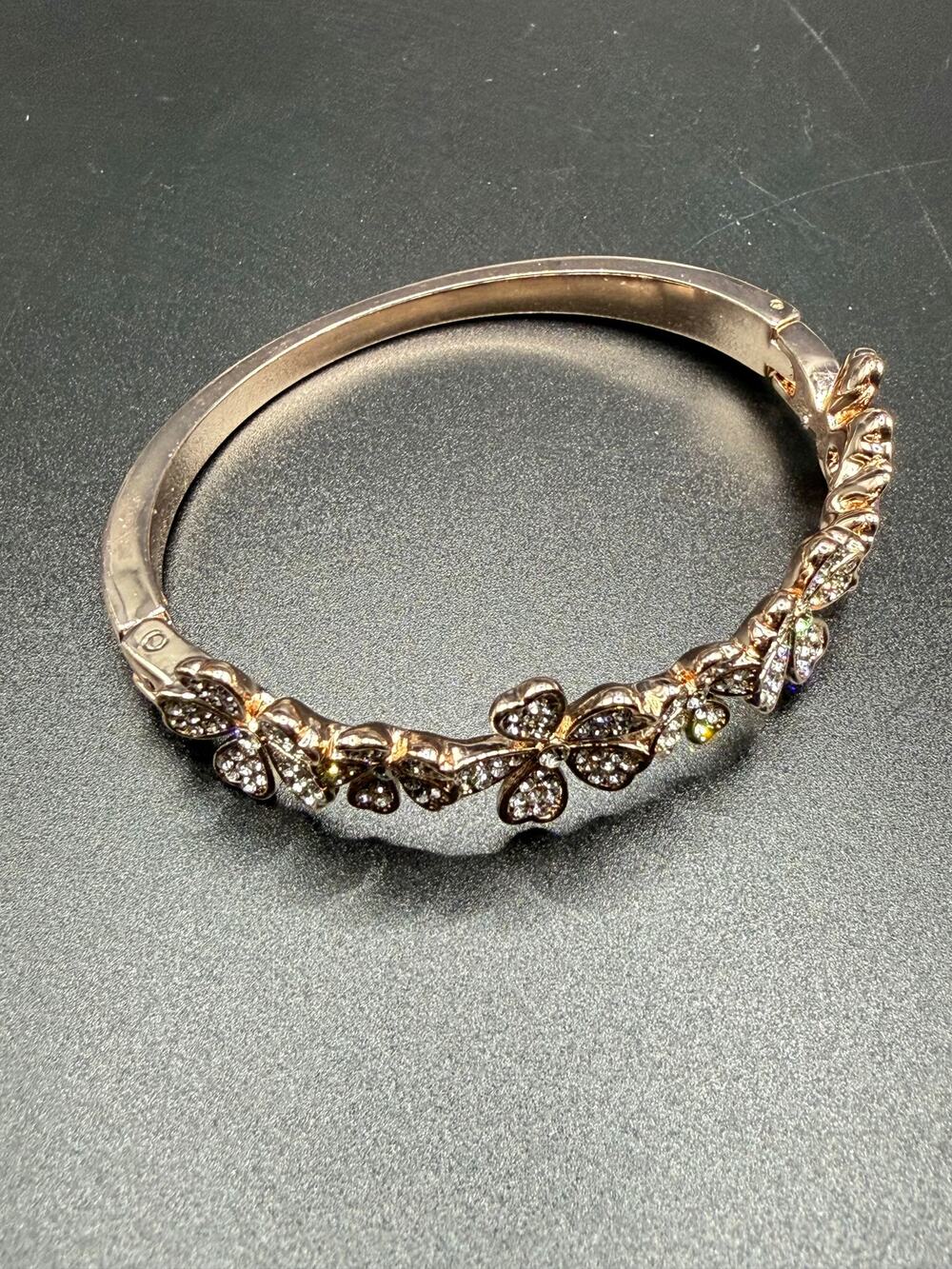 Vintage Rose gold crystal embellished flower bangle bracelet